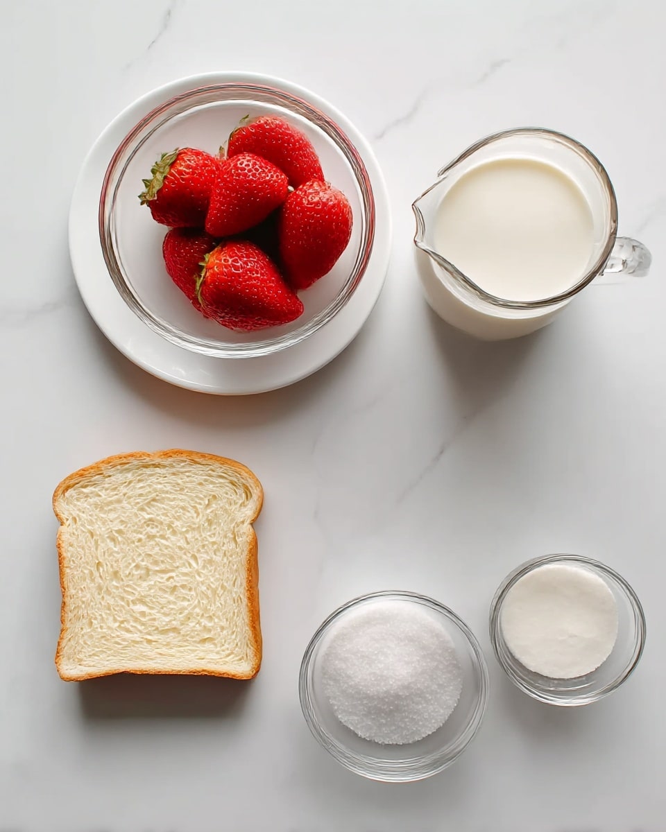 The image shows four items on a white marbled surface, lined up from left to right. The first is a white plate holding one slice of white bread with a light brown crust. Next is a clear glass bowl filled with five whole red strawberries. Then there is a small clear glass pitcher containing white cream. Lastly, there is a small clear glass bowl filled with white granulated sugar. photo taken with an iphone --ar 4:5 --v 7