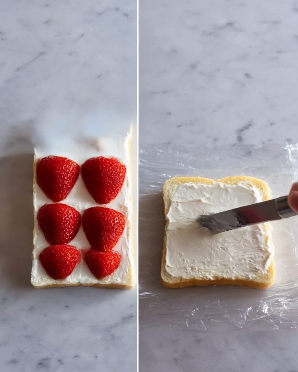 The image shows two stages of making a strawberry sandwich square. On the left, there is a white square slice of bread spread with a thick layer of white cream. On top of the cream, five whole, bright red strawberries are placed neatly in a triangle formation. The bread sits on a white marbled surface. On the right side, a woman's hand is using a silver knife to carefully spread cream on the side of another white square slice of bread, preparing to place it on top. The knife touches the cream, held above a piece of clear plastic wrap on the same white marbled surface. photo taken with an iphone --ar 4:5 --v 7