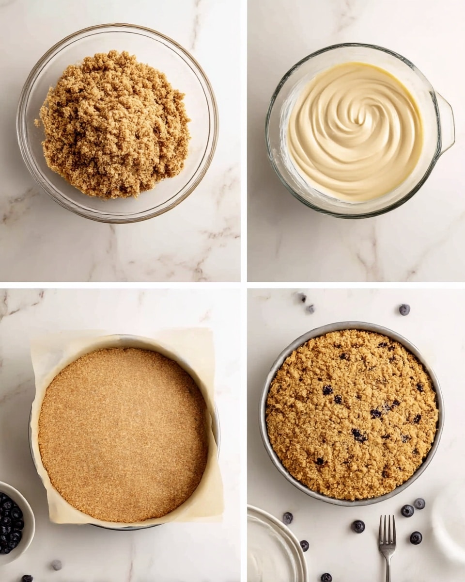 The image set shows four steps of making a blueberry crumb cake on a white marbled surface. The first photo shows a close-up of a glass bowl filled with light brown crumbly topping, rough and grainy in texture. The second photo displays a glass measuring cup filled with smooth, thick, creamy pale batter, swirled lightly on the top. In the third photo, the crumb topping is evenly spread over a round cake pan lined with parchment paper, showing a flat, golden-brown, crumbly surface. The last photo presents the finished cake on a white plate, the top covered with golden-brown crumbs sprinkled with visible dark blueberry spots; a white plate, fork, and scattered blueberries are nearby. Photo taken with an iphone --ar 4:5 --v 7