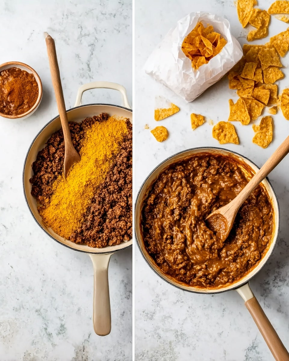 The image shows two side-by-side scenes on a white marbled surface. On the left side, there is a white pan filled with cooked ground meat, with a bright yellow spice powder sprinkled on one side of the meat, and a wooden spoon resting in the pan. Nearby, there is a small bowl with chunky brown sauce and a white bag spilling out golden taco chips scattered around. On the right, the same white pan now contains the ground meat mixed with the sauce, creating a thick, brown mixture with a wooden spoon in it. The same bowl and taco chips remain in the same spots. Photo taken with an iphone --ar 4:5 --v 7