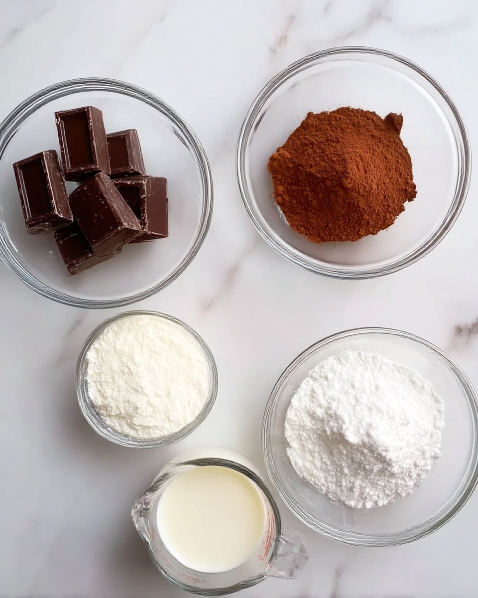 The image shows five clear glass bowls arranged on a white marbled surface. The top left bowl contains pieces of dark chocolate, with a rich brown color and a firm texture. To the right, another bowl holds a fine layer of cocoa powder, dark reddish-brown and soft. Below the chocolate pieces, there is a bowl filled with a white powdery substance, likely cornstarch, smooth and fluffy in texture. To the right of that is another bowl with a similar white powder, possibly powdered sugar, also fine and fluffy. At the bottom center, there is a small clear glass measuring cup filled with milk, white and creamy in color, creating a contrast against the powders and chocolate pieces. photo taken with an iphone --ar 4:5 --v 7