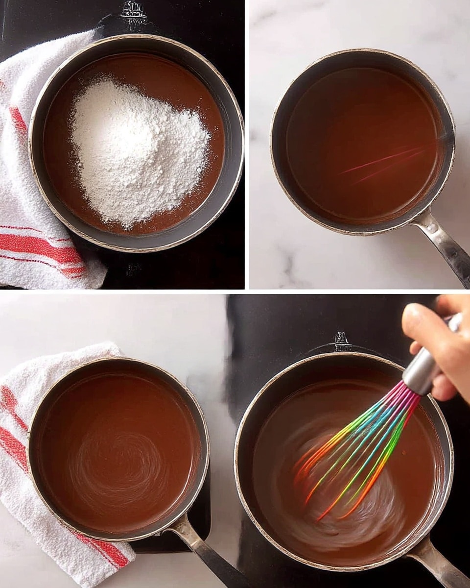 The image shows three steps of making chocolate sauce in a black saucepan on a stovetop with a dark surface. In the first step, the pan contains a dark brown liquid with a mound of white powder on top, placed on a white towel with red stripes on a white marbled background. In the second step, the liquid inside the pan is smooth and dark brown, filling the pan evenly. In the third step, a woman's hand is seen whisking the dark brown liquid inside the pan with a multicolored whisk, creating light swirls and movement on the surface of the sauce. Photo taken with an iphone --ar 4:5 --v 7