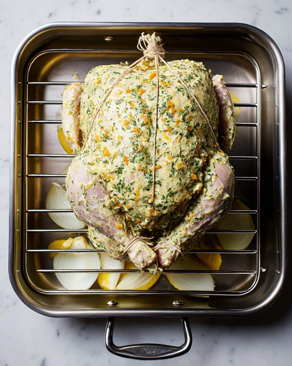 A whole raw chicken rests on a silver metal roasting rack inside a stainless steel roasting pan, with the chicken tied together at the top with string. The chicken's skin is covered in a thick, pale yellowish cream mixed with finely chopped green herbs and small orange bits, creating a speckled pattern. Below the rack in the pan, there are visible slices of white onions and pieces of bright yellow lemon. The pan sits on a white marbled surface, and the handle of the roasting pan is prominent at the top and bottom. The overall look is fresh and ready for cooking, with the chicken being the main focus. Photo taken with an iphone --ar 4:5 --v 7