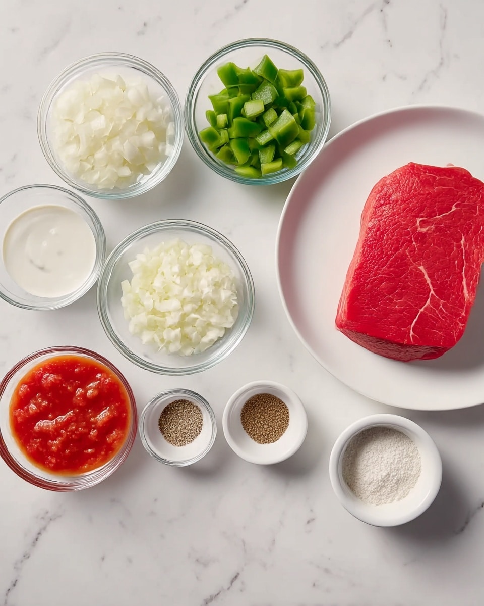 The image shows a white plate on the right with a single raw red meat slice, smooth with some visible light lines. Next to it on a white marbled surface are seven clear glass bowls and three small white bowls arranged neatly. From top to bottom, the bowls contain white chopped onions, clear water, green chopped bell peppers, white thick cream, red diced tomatoes in sauce, white flour, and seasoning in the small bowls with salt and pepper shades of brown. The arrangement is clean and organized, with the ingredients spaced evenly. photo taken with an iphone --ar 4:5 --v 7