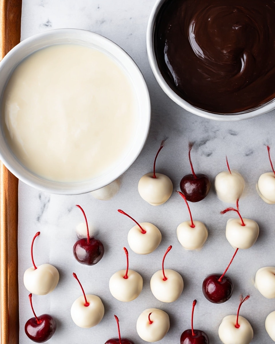 The image shows two bowls placed on a white marbled surface, one filled with smooth white coating and the other with shiny dark chocolate. Above the bowls, neat rows of cherries with red stems are arranged on a white parchment-lined tray. Each cherry is fully covered in a white, creamy coating, giving them a smooth and slightly glossy look. The overall setting is clean and orderly with the cherries evenly spaced, creating a visually pleasing pattern. Photo taken with an iphone --ar 4:5 --v 7