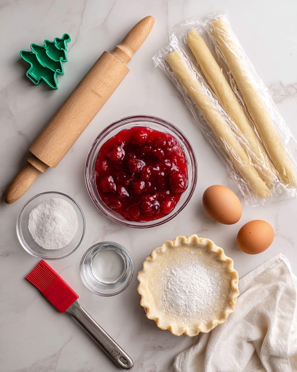 The image shows baking items on a white marbled surface: at the top left is a wooden rolling pin with a smooth texture, next to it on the right are four rolled pie crusts wrapped in clear plastic, all placed horizontally; near the center is a small clear glass bowl filled with bright red cherry pie filling that looks thick and shiny; below the bowl to the left is a small clear glass container with white coarse sugar with a rough texture and next to it a small clear glass of water; below the cherry pie filling is a red silicone brush with a metal handle pointing left; on the right side on top of a crumpled white cloth are two brown eggs with a smooth surface; above the pie crusts is a green plastic Christmas tree-shaped cookie cutter. photo taken with an iphone --ar 4:5 --v 7