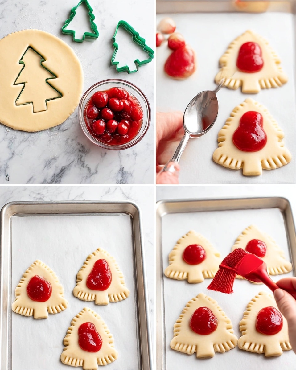 The image shows four steps of making cherry-filled pastries shaped like Christmas trees on a white marbled surface. First, a round piece of light beige dough has tree shapes cut out with a green tree-shaped cutter, and a bowl of red cherries with syrup is nearby. Second, a woman's hand holds a shiny silver spoon, placing bright red cherry filling onto each dough tree shape on a white baking tray lined with parchment paper. Third, a bright red brush is applying an egg wash around the cherry filling on the dough shapes to help seal the layers. Fourth, two dough tree shapes are stacked, and a woman's hand uses a silver fork to press and crimp the edges together, forming small ridges along the border to seal the filling inside, all on the white baking tray. photo taken with an iphone --ar 4:5 --v 7