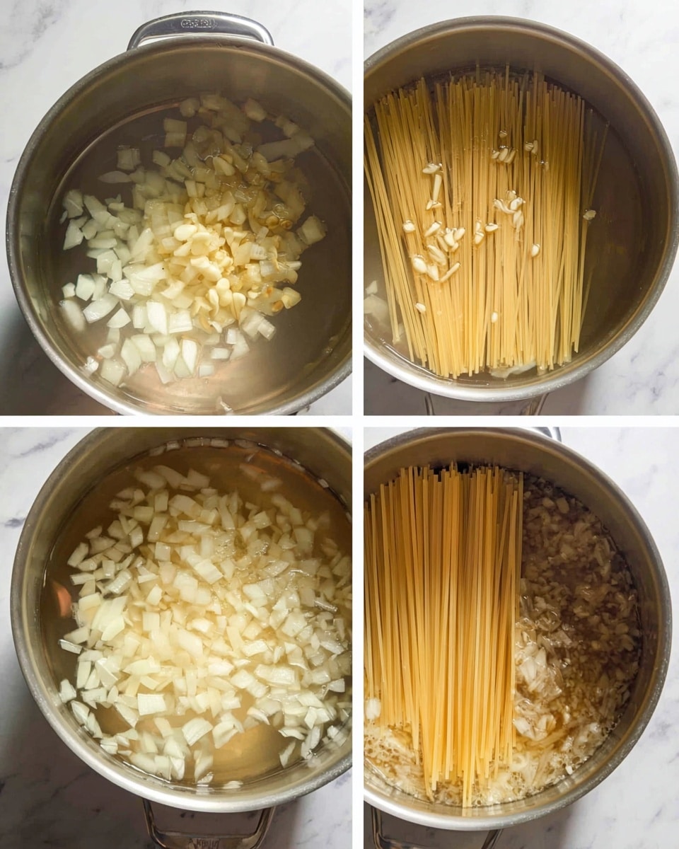 A stainless steel pot with four images shows a cooking process: the first layer has small pieces of raw white onion and chopped garlic on the bottom; the second layer shows the onions and garlic lightly cooked, turning beige and soft; the third layer adds uncooked long pasta strands standing vertically in clear water, resting on top of the softened onions and garlic; the fourth layer shows the pasta partially softened and bent in warm water mixed with onion and garlic bits spreading around it; the pot is on a white marbled surface. photo taken with an iphone --ar 4:5 --v 7