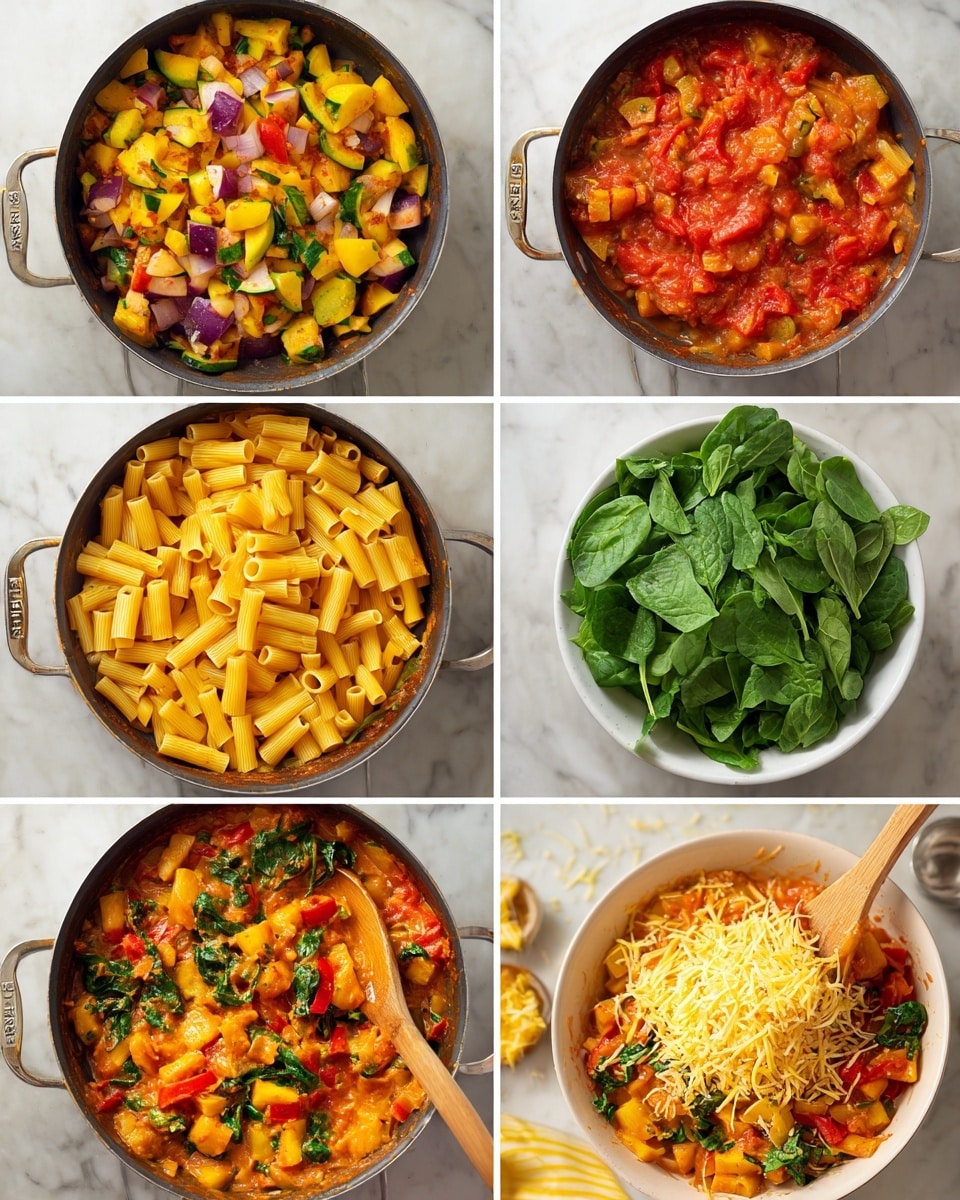 The image shows a pasta dish in eight steps. First, there is a pan filled with yellow, green, red, and purple fresh vegetables, all cut into chunks. Next, the vegetables are cooked and softened, showing a mix of red and yellow pieces with some steam. The third step adds a vibrant red tomato sauce on top of the cooked vegetables in the pan. Then, the sauce and vegetables are mixed and simmering in the pan, creating a rich orange color with visible pieces of vegetables. In the fifth step, cooked rigatoni pasta is added in a large pan, with a wooden spoon resting on the side. The sixth step shows fresh green spinach leaves added on top of the pasta and sauce mixture in the pan. In the seventh image, the pasta, vegetables, and spinach are stirred together in a white dish by a person wearing a yellow striped shirt. Lastly, the dish is topped with a thick layer of shredded yellow cheese, ready to be baked or served, all placed on a white marbled surface photo taken with an iphone --ar 4:5 --v 7