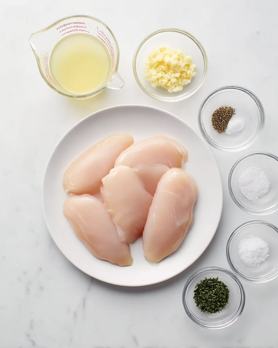 A white plate in the center holds four raw chicken fillets arranged in a loose circle, each pale pink with smooth, slightly shiny texture. To the left side of the plate are two clear glass measuring cups, one filled with a pale yellow liquid and the other with a creamy white liquid. On the right side are five small clear glass bowls in a vertical line: the top bowl contains finely minced pale yellow garlic, the next holds small amounts of black pepper and white salt, followed by a bowl of finely chopped dark green herbs, and the bottom bowl has a white powdery substance. All items are placed on a white marbled surface, creating a clean and fresh look. Photo taken with an iphone --ar 4:5 --v 7