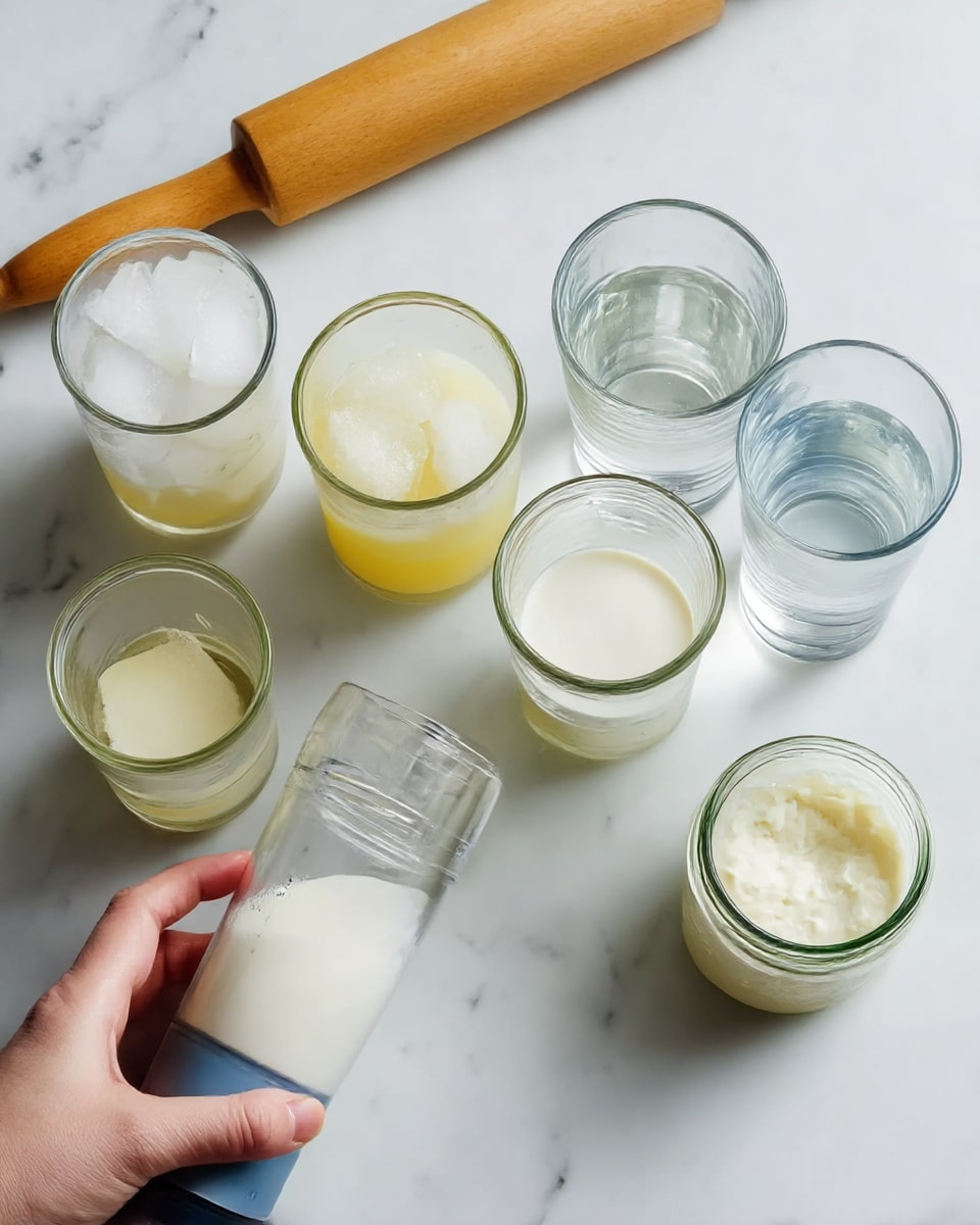 The image shows several clear glasses and a jar on a white marbled surface. One row of four glasses contains layered ingredients: the first with ice cubes, the second with a yellowish liquid, the third with a white creamy liquid, and the fourth with a small amount of a light yellow liquid. The next photo shows a rolling pin leaning against three clear glasses filled with different amounts of white liquid and water. Below, a woman's hand holds an immersion blender inside one of the glasses filled with white liquid, blending it. To the right, the woman's hand is holding a jar filled with a white creamy substance and sealed with a green lid. Photo taken with an iphone --ar 4:5 --v 7