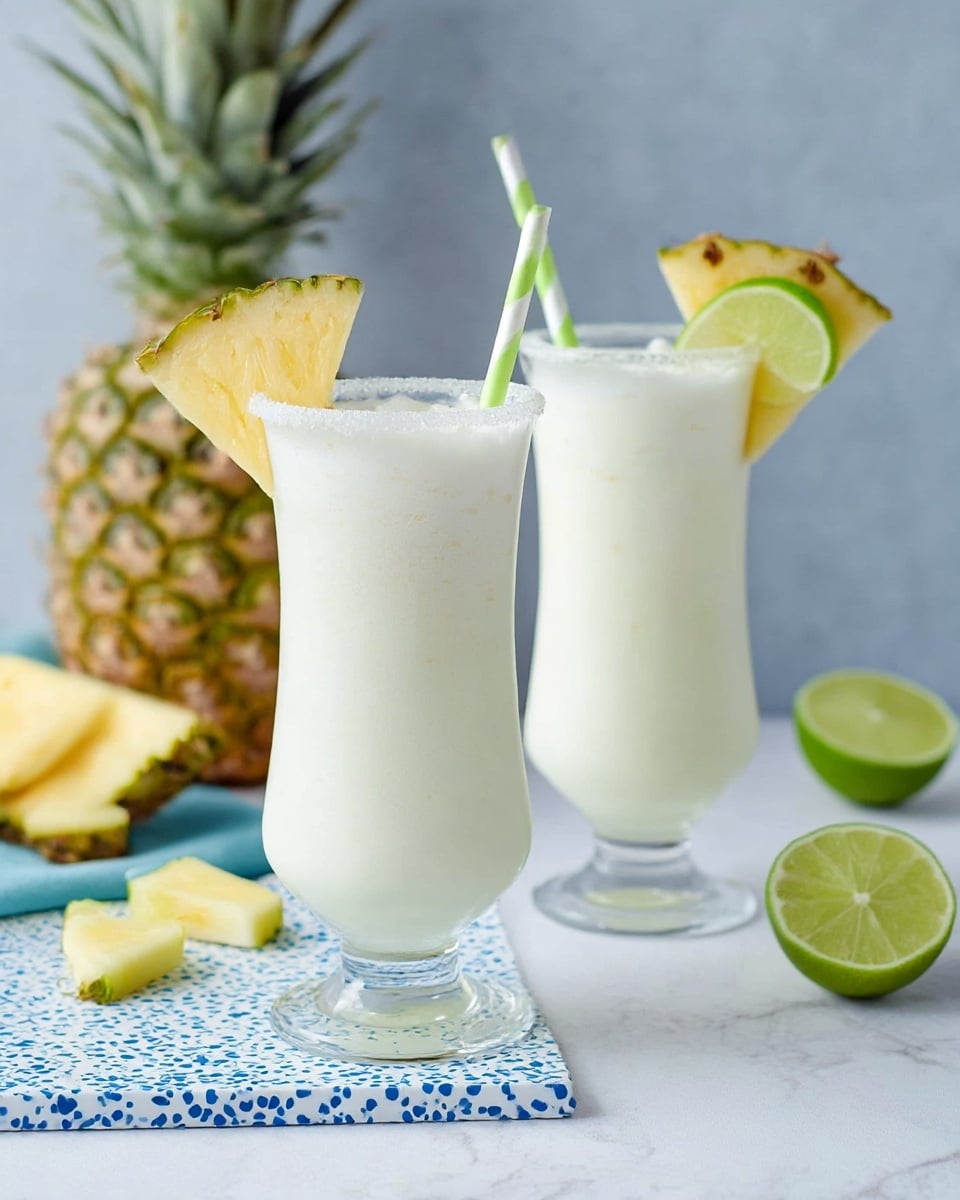 Two tall, clear glasses filled with a creamy, white frothy drink are shown. Each glass is decorated at the rim with a triangular slice of pineapple and a thin lime wedge behind it. Inside the drinks are light green and white striped straws. The glasses sit on a white surface with a blue-speckled board underneath one of them. In the background on the left, there is a whole pineapple and a lime, and some pineapple chunks rest on the surface. On the right, there is a lime half resting on the white marbled texture. Photo taken with an iphone --ar 4:5 --v 7