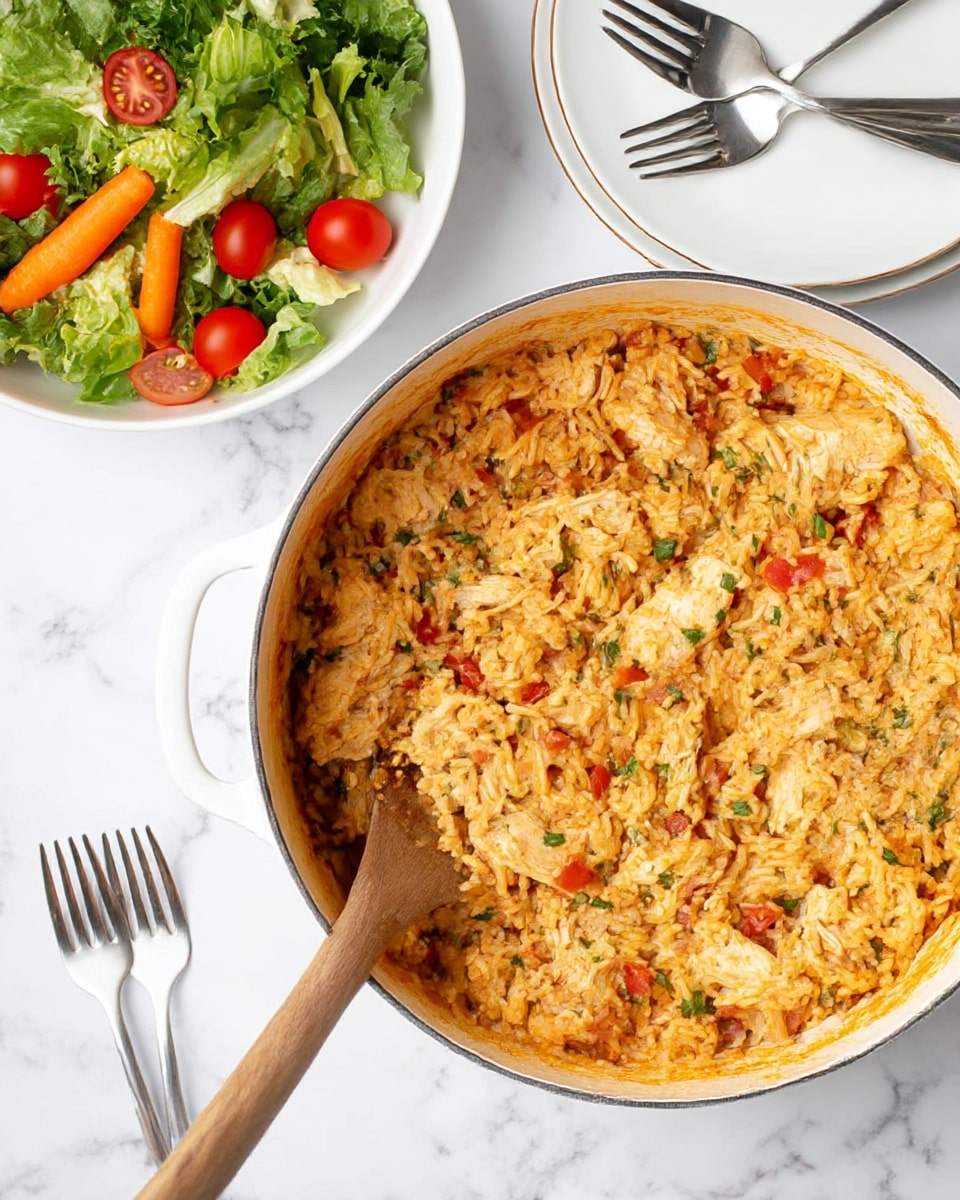 A large white pot filled with a mixed dish of orange-colored rice and light beige chicken pieces, scattered throughout with small bits of green herbs and red tomato pieces, creating a textured, moist look. A wooden spoon is partially inside the pot, resting on the side. Above the pot to the left, there is a white bowl of fresh salad with green leafy lettuce, bright orange baby carrots, and small red cherry tomatoes. To the right, two white plates stacked with two silver forks placed on top sit on a white marbled surface. Photo taken with an iphone --ar 4:5 --v 7