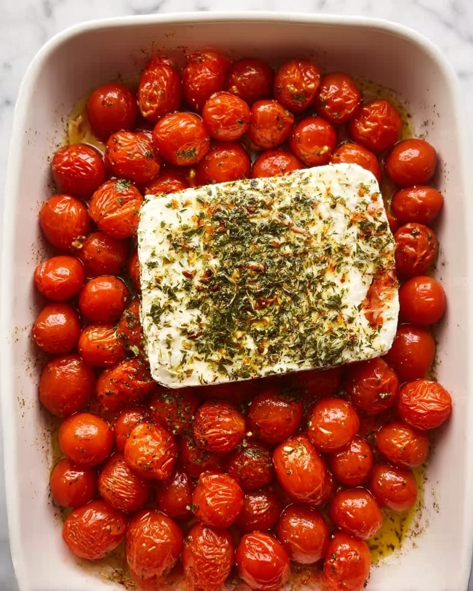 The image shows a white baking dish filled with many small bright red cherry tomatoes surrounding a single rectangular block of white cheese in the center. The cheese is topped with a mixture of green herbs and spices. The tomatoes have a shiny texture with some herbs sprinkled on them as well. The background surface has a clean white marbled texture. photo taken with an iphone --ar 4:5 --v 7