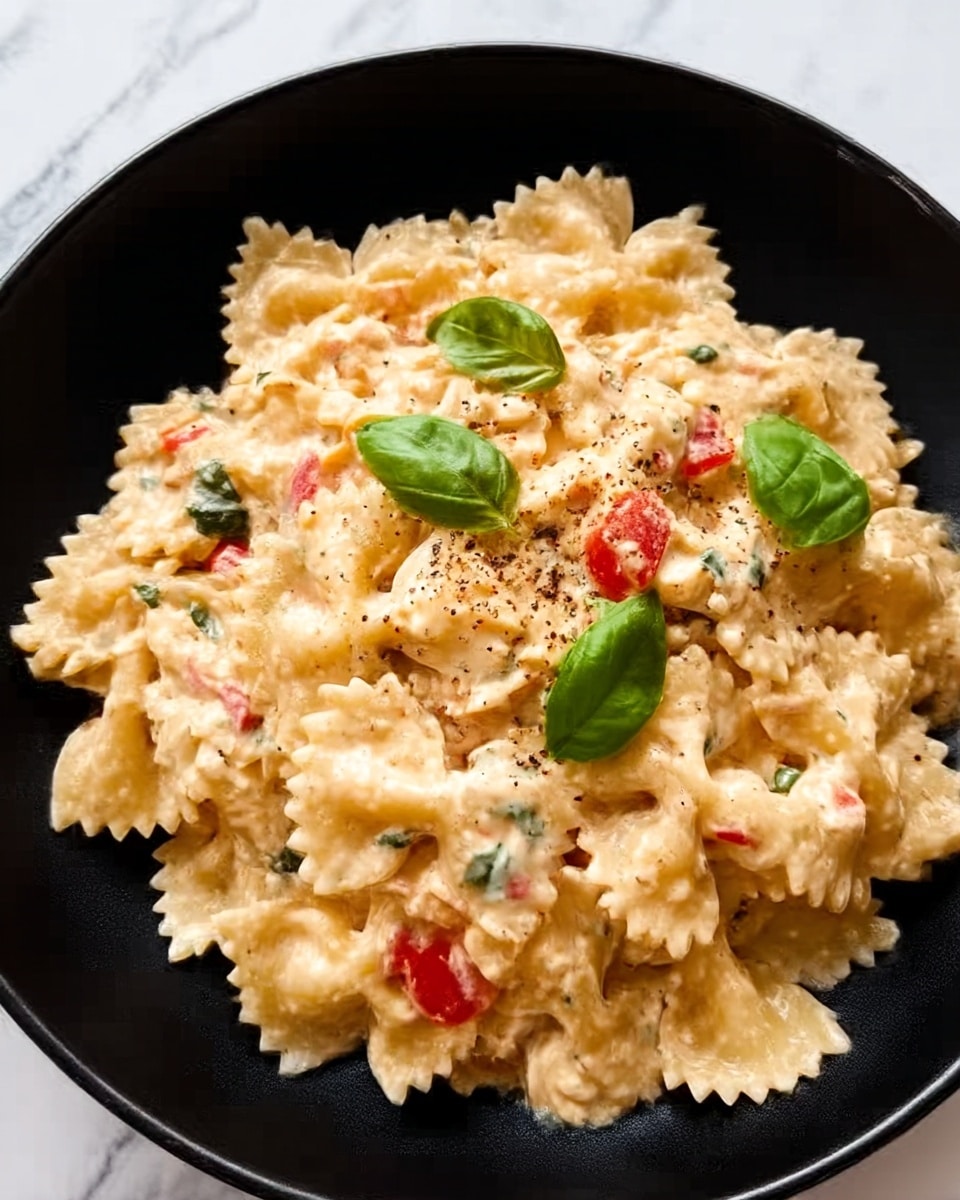 A black round plate holds a serving of farfalle pasta mixed with a creamy sauce. The pasta is light beige with small red and green bits scattered throughout, likely pieces of tomato and herbs. The layers show the bow-tie pasta coated evenly with the sauce, with fresh green basil leaves placed on top as garnish. The texture looks creamy and smooth with some softness from the pasta and the colors contrasting nicely against the black plate. The plate sits on a white marbled surface. Photo taken with an iphone --ar 4:5 --v 7