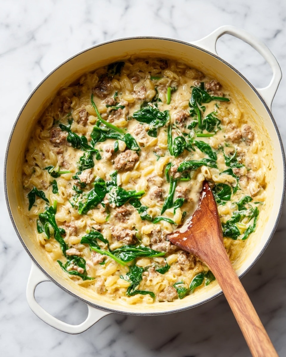 A large white pot is filled with a creamy dish made of small, off-white pasta pieces mixed with browned sausage chunks and vibrant dark green spinach leaves. The creamy sauce has a light yellow color with a smooth, slightly thick texture that coats the pasta and greens evenly. A wooden spoon rests inside the pot on the right side, partially submerged in the dish, showing some of the ingredients clinging to it. The pot is placed on a white marbled surface, creating a clean and bright background. photo taken with an iphone --ar 4:5 --v 7
