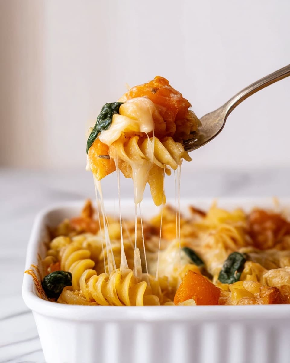 A close-up photo shows a fork lifting a portion of baked pasta from a white baking dish sitting on a white marbled surface. The dish has one main visible layer made of spiral pasta mixed with chunks of bright orange squash, melted cheese that stretches as the fork lifts the pasta, and some dark green spinach leaves. The cheese looks soft and creamy with thin strands stretching between the fork and the dish. The pasta and vegetables have a slightly browned, baked texture on top. The background is plain and softly lit. Photo taken with an iphone --ar 4:5 --v 7
