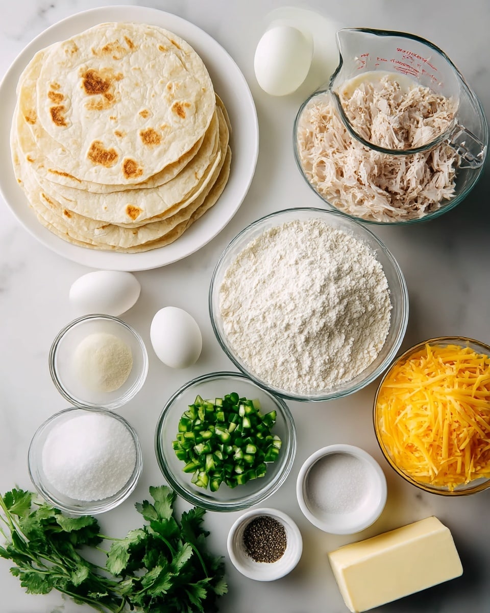 The image shows a flat lay of several cooking ingredients on a white marbled surface. On the left, there is a white plate stacked with multiple soft flour tortillas, slightly browned on top. Above the tortillas is a glass bowl filled with shredded cooked chicken, light beige in color with stringy texture. To the right of the chicken is a glass measuring cup filled with white milk, and nearby are two white eggs. Below the eggs is a large glass bowl filled with white flour. In the center is a small white bowl holding chopped green chili peppers with a fresh, vibrant color. Below that is a clear bowl full of shredded yellow cheddar cheese, colorful and finely shredded. Next to it is a white bowl with white granulated sugar, and another small white bowl with ground black pepper. Near the bottom left corner is a bunch of fresh green cilantro leaves, and next to it a small glass bowl of diced white onions. At the bottom center is a soft white plate with two sticks of pale yellow butter. A small white dish of coarse salt sits near the middle of the arrangement. The scene is brightly lit, showing the fresh textures clearly. Photo taken with an iphone --ar 4:5 --v 7