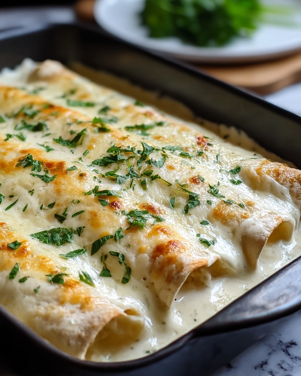 The image shows a dark baking dish filled with three rolled tortillas, each covered in a thick layer of creamy white sauce. The top layer of the sauce is melted and slightly browned, giving a golden, bubbly texture. Fresh chopped green herbs are sprinkled evenly over the melted cheese sauce, adding a pop of color. The dish sits on a white marbled surface with the edge of a white plate and some greens blurred in the background. The focus is close-up, highlighting the creamy texture and browned spots on the sauce photo taken with an iphone --ar 4:5 --v 7