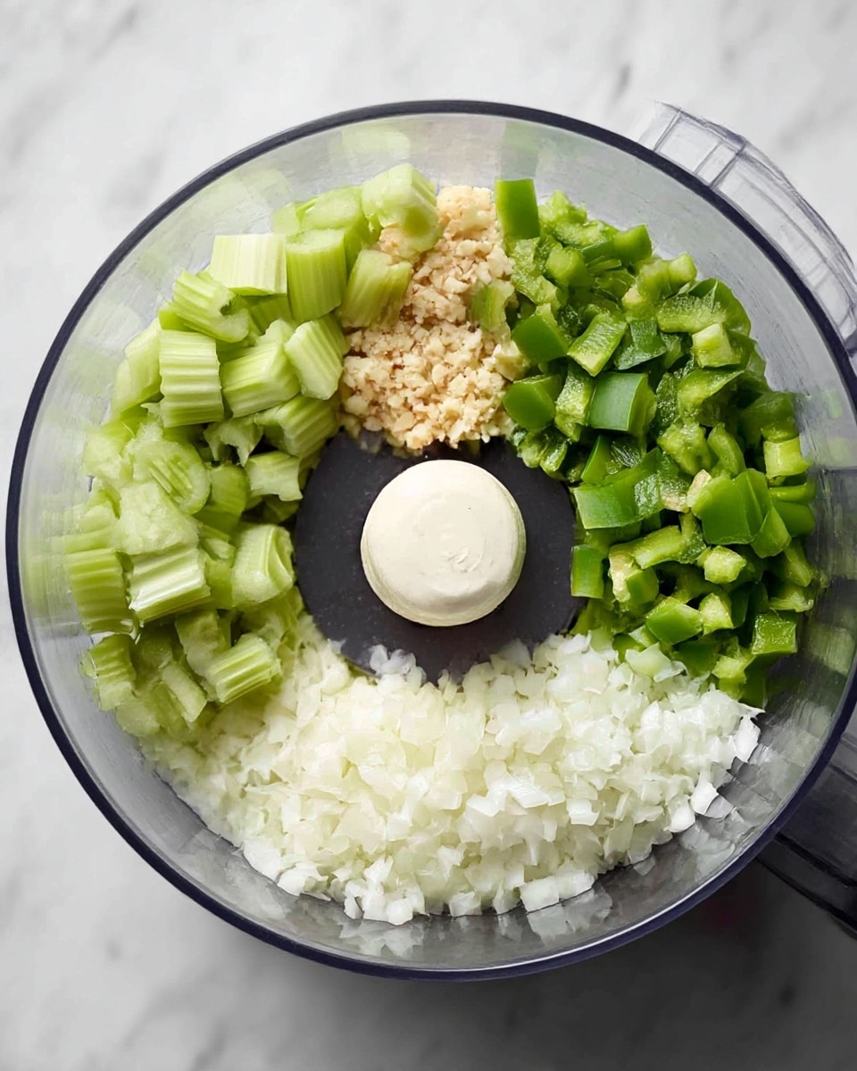A clear food processor bowl filled with four layers of chopped ingredients: on the left, light green celery pieces with a crisp texture; at the top center, small beige minced garlic; on the right, medium green chopped bell pepper pieces; and at the bottom, finely chopped white onions with a slightly translucent look. The food processor blade sits in the middle, and the whole setup is on a white marbled surface. Photo taken with an iphone --ar 4:5 --v 7