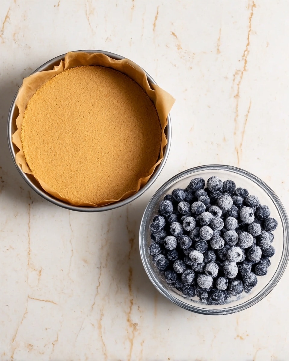 The image shows two parts of a dessert preparation on a white marbled surface. On the left, there is a round metal pan lined with brown parchment paper inside, filled with a smooth, even layer of golden-brown crust pressed flat at the bottom and slightly up the sides. On the right, there is a clear glass bowl filled with fresh blueberries coated lightly with white flour or sugar, giving a slightly dusty look. Both items are viewed from above. photo taken with an iphone --ar 4:5 --v 7