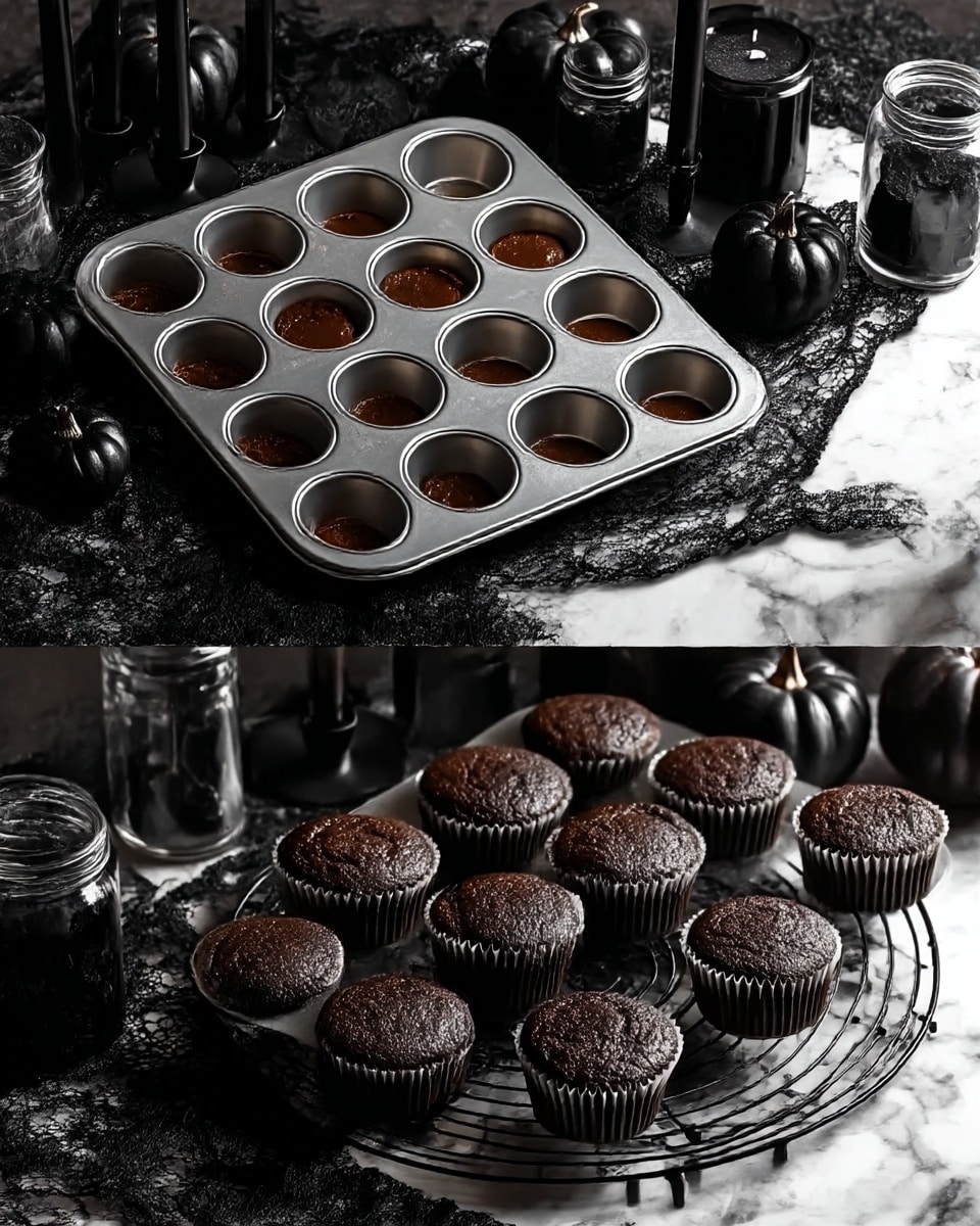 Two images show a Halloween-themed baking scene. The first image has a silver metal cupcake baking tray with 12 slots, each filled with dark brown chocolate batter. The tray sits on a black lace cloth over a white marbled surface, surrounded by black candles, small black pumpkins, and jars in black and clear glass. The second image shows 12 fully baked dark chocolate cupcakes with a slightly cracked top, cooling on a round black wire rack on the same black lace cloth and white marbled surface with the same black candles and pumpkins around. Both images have a dark, moody atmosphere. Photo taken with an iphone --ar 4:5 --v 7