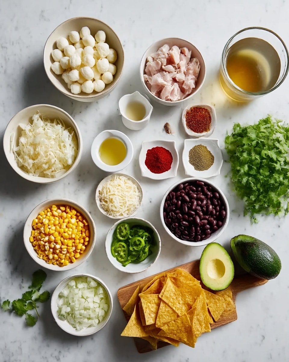 A white marbled surface with multiple small white bowls and plates arranged neatly, each containing different ingredients: one bowl with small white cheese balls, another with shredded white cheese, a small plate with three spices in red and green colors, a small white cup with a light yellow liquid, a small bowl with sliced green peppers, a bowl with diced raw chicken pieces, a bowl of chopped white onions, a small bowl of yellow corn kernels, a bowl filled with black beans, and a bowl with crunchy tortilla chips. Fresh green cilantro rests on a small wooden board with two whole green avocados nearby. A glass cup holds a clear broth-like liquid. Photo taken with an iphone --ar 4:5 --v 7
