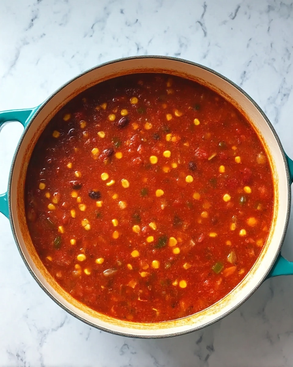 A large white pot with teal handles filled with a thick red soup that has many small pieces of yellow corn and some black beans and green vegetables floating evenly throughout. The soup has a rich tomato base with a slightly chunky texture and fills the pot almost to the top. The pot sits on a white marbled surface. photo taken with an iphone --ar 4:5 --v 7