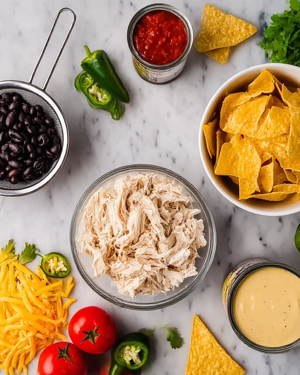 The image shows several bowls and items arranged on a white marbled surface. In the center, there is a clear glass bowl filled with shredded light beige cooked chicken. To the right is a white bowl filled with crispy, yellowish corn chips. To the left is a metal strainer holding shiny black beans. There are shredded yellow and white cheese pieces on the bottom left side. Around these are red tomatoes with green stems, green jalapeño slices, fresh green cilantro leaves, an open can of red salsa, and an open can of pale yellow cheese sauce. A single tortilla chip rests on the surface near the bowls. Photo taken with an iphone --ar 4:5 --v 7