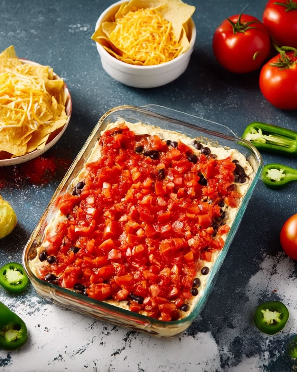A clear rectangular glass dish filled with a layered dip that has a base layer of creamy white spread mixed with black beans, topped with a thick layer of bright red diced tomatoes evenly spread across the surface. The dish sits on a dark grey textured surface with a small white bowl of tortilla chips, a white bowl of shredded cheese, two red tomatoes on the vine, and sliced green jalapeños surrounding it. The scene has a casual, homemade feel with a white marbled texture beneath all items photo taken with an iphone --ar 4:5 --v 7