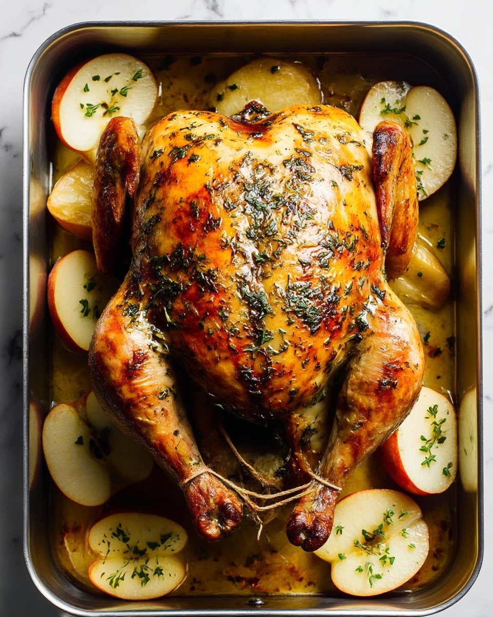 A roasted whole chicken with golden-brown, crispy skin covered in herbs sits in a metal roasting pan. Around the chicken, there are several slices of apples that are pale yellow with red edges, sprinkled with green herbs. The chicken's legs are tied together with string, and the surface of the pan has some glossy juices. The background is a white marbled texture. Photo taken with an iphone --ar 4:5 --v 7