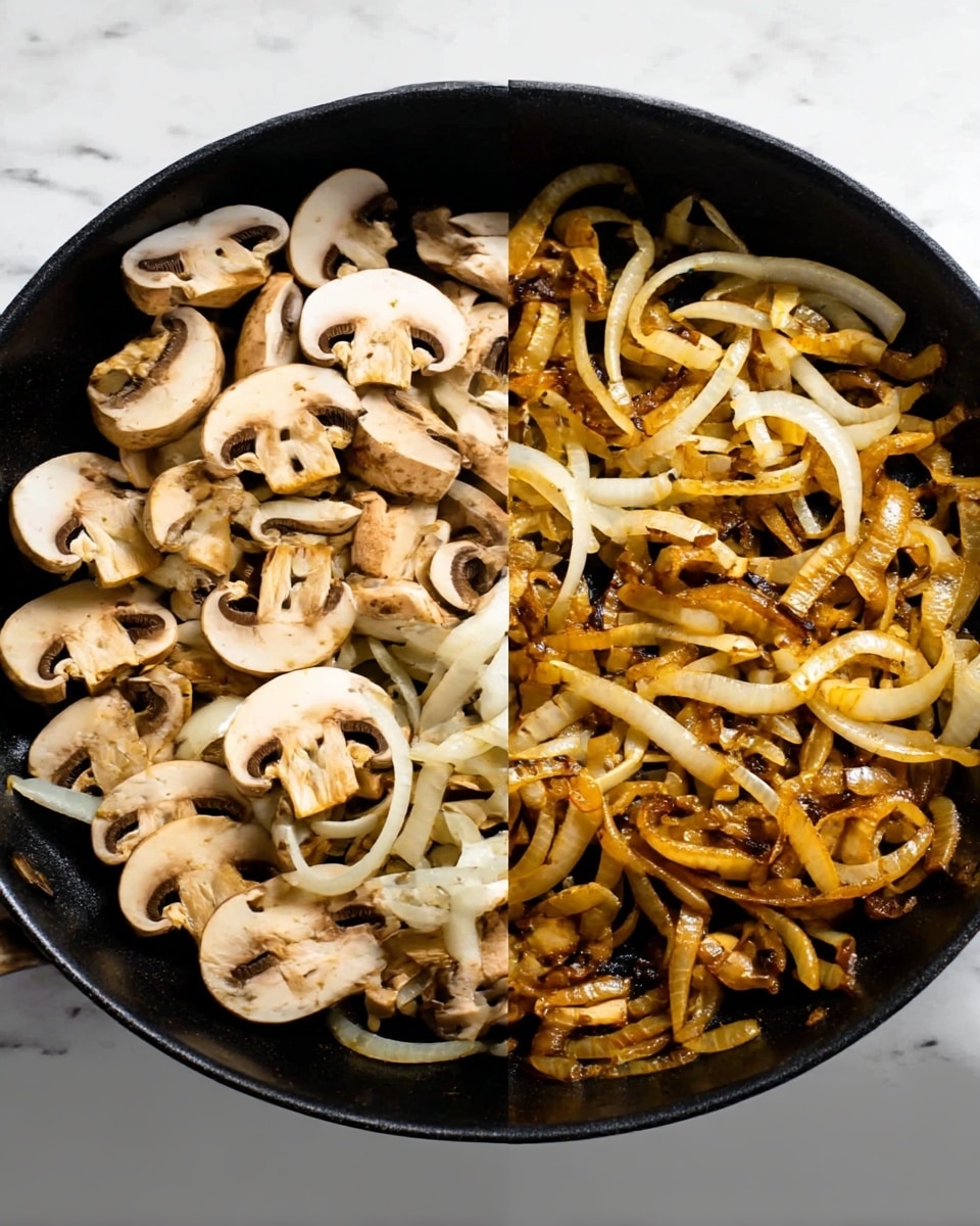 The image shows a black pan with sliced mushrooms and long, thin strips of white onions inside. The left side shows the mushrooms and onions raw or lightly cooked, where the mushrooms are pale beige with brown spots and the onions are translucent white. The right side shows the same pan with mushrooms and onions cooked further, turning a rich golden brown color with some darker edges, giving a caramelized look. The pan is on a white marbled surface. photo taken with an iphone --ar 4:5 --v 7