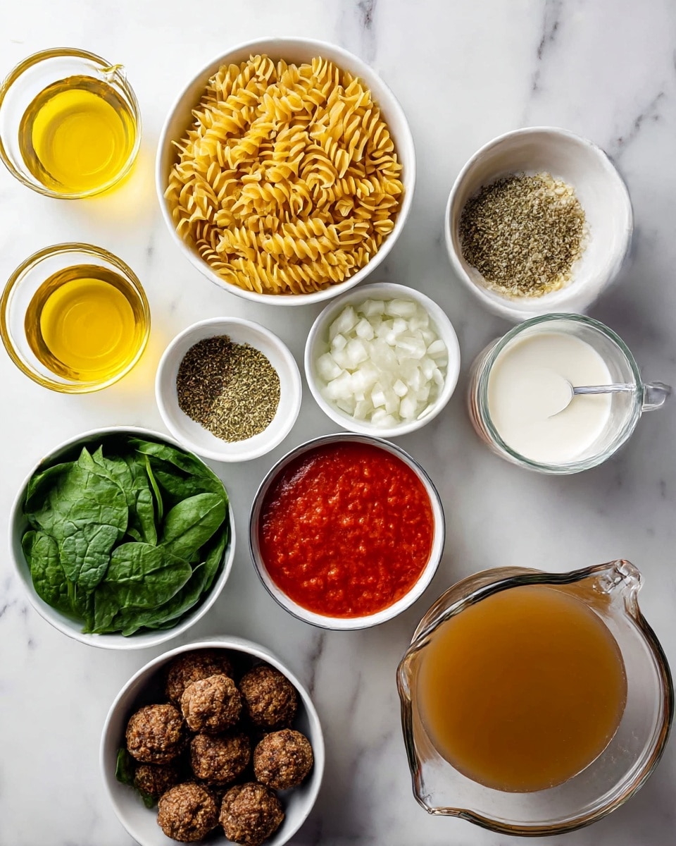 The image shows nine white bowls and a glass measuring cup arranged neatly on a white marbled surface. Starting from the top left, there is a small bowl filled with golden yellow oil, next to it a medium bowl with uncooked spiral pasta in light yellow. To the right, a glass measuring cup contains white cream. Below, a small bowl with minced garlic sits next to another small bowl filled with mixed dried green and brown herbs. Below these, a medium bowl is full of bright green fresh spinach leaves. To the left, there is another medium bowl holding finely chopped white onions. Next to it is an open can filled with red tomato sauce with a spoon inside. At the bottom left, a medium bowl holds browned meatballs with a textured, cooked surface. Finally, at the bottom right, a large glass measuring cup is filled with light brown broth. The whole setting is brightly lit, showing clear textures and fresh colors. photo taken with an iphone --ar 4:5 --v 7
