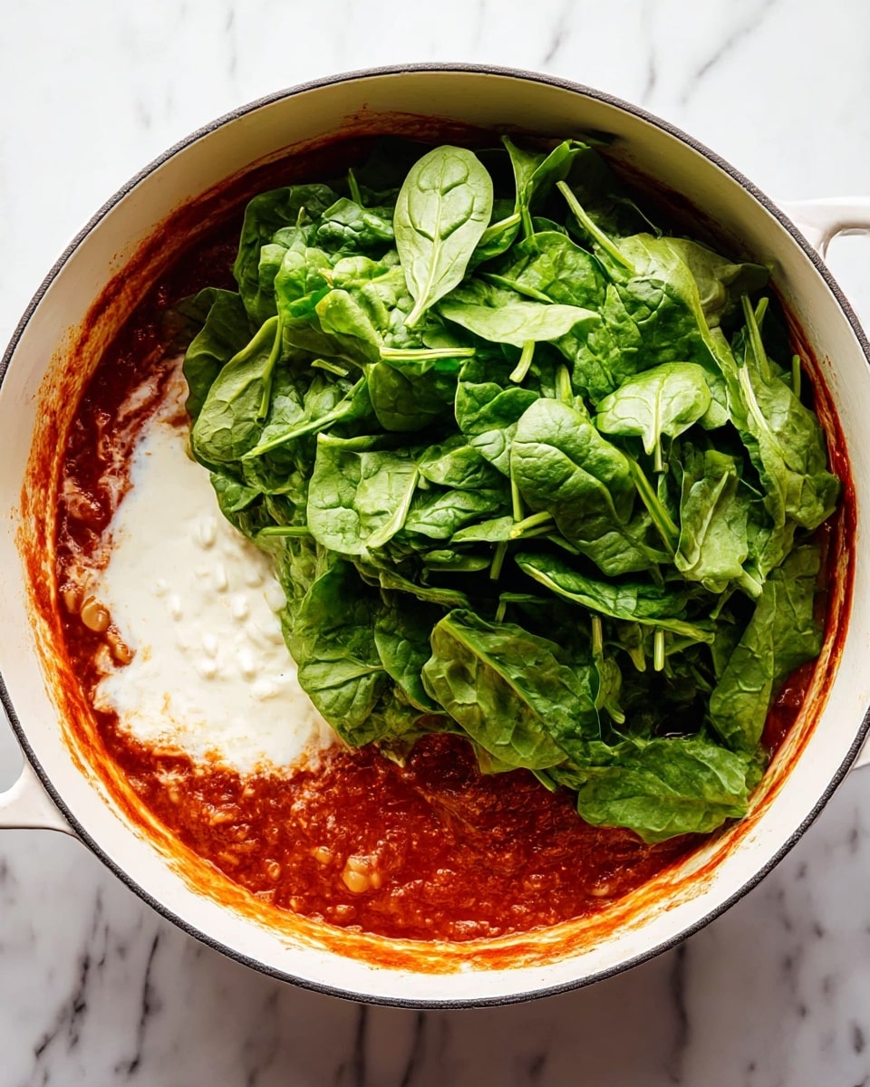 A white pot is filled with three visible layers: at the bottom, there is a thick, rich red tomato sauce with some pasta shapes partly visible, in the middle, a white creamy liquid spreads unevenly over the sauce, and on top, there is a large pile of fresh, bright green spinach leaves that look fresh and slightly glossy. The pot is placed on a white marbled surface, and the inside edges of the pot have some splashes of red sauce. Photo taken with an iphone --ar 4:5 --v 7