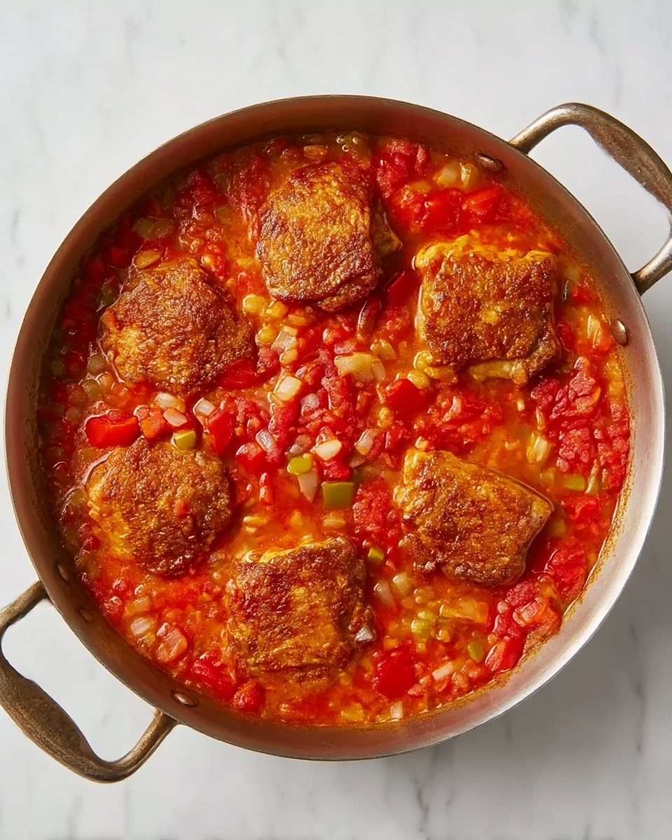 A metal pan with two handles contains a vibrant stew with six pieces of golden-brown, crispy chicken sitting on top. The stew is rich and chunky, made from bright red tomatoes, small bits of white onions, and small pieces of green peppers. The chicken pieces are spread out evenly in the stew, showing their browned skin and juicy texture. The pan is placed on a white marbled surface. photo taken with an iphone --ar 4:5 --v 7