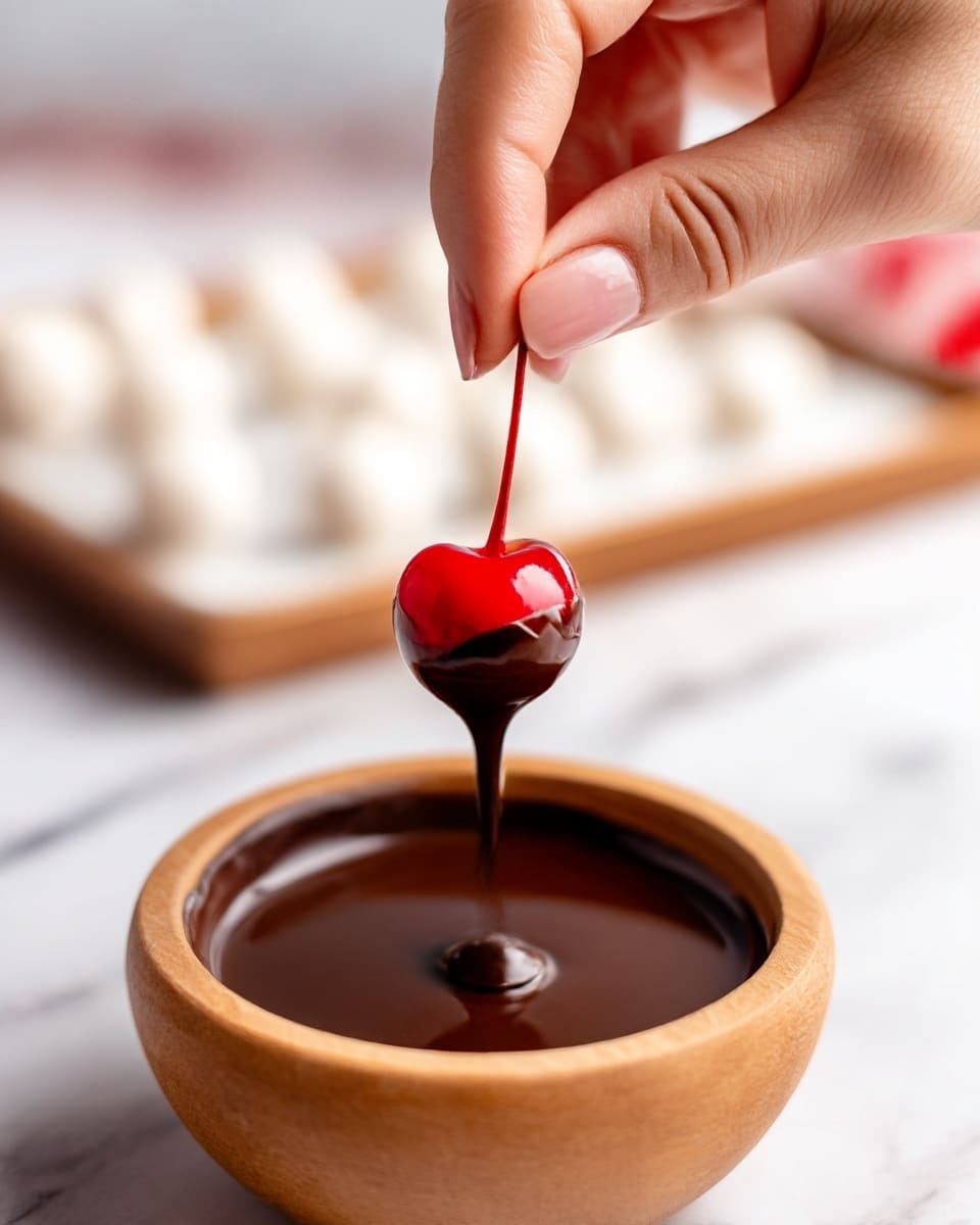 A close-up image shows a woman's hand holding a bright red cherry by its stem, dipping it into a smooth, shiny dark brown liquid chocolate inside a round wooden bowl. The chocolate covers most of the cherry, with a small drip hanging from the bottom. In the blurred background, a white marbled surface is visible alongside a tray holding small white balls. The scene is bright and focused on the glossy chocolate and cherry. photo taken with an iphone --ar 4:5 --v 7
