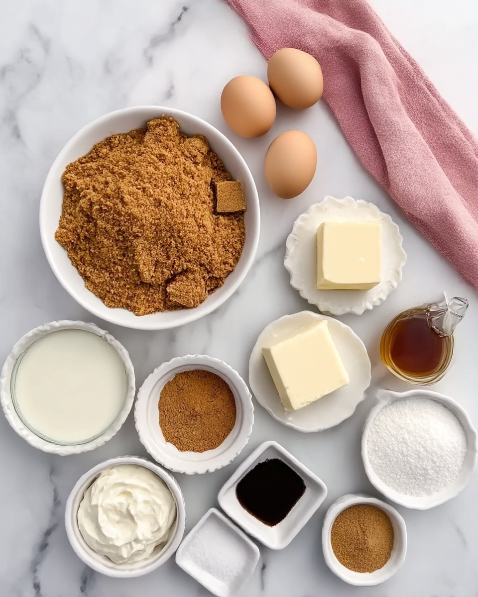 The image shows ingredients laid out on a white marbled surface with a pink cloth nearby. There is a white bowl filled with brown crushed biscuits, and next to it, a small square of butter on a white dish. Nearby are two eggs in a white bowl, a small white bowl of cream cheese, and several smaller white containers holding brown sugar, sour cream, vanilla extract, molasses, cinnamon and nutmeg, and powdered sugar. The arrangement is neat, with all ingredients clearly visible and separated. Photo taken with an iphone --ar 4:5 --v 7
