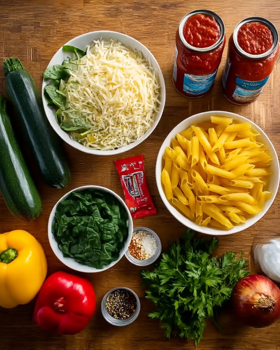 A wooden surface holds an assortment of fresh ingredients arranged neatly: a white bowl filled with shredded pale yellow cheese sits near another white bowl packed with vibrant green spinach leaves; a third white bowl is filled with uncooked yellow pasta tubes. Nearby lay a dark green zucchini, a red bell pepper, a yellow bell pepper, and a whole red onion. Two cans of tomato sauce stand side by side, along with a red seasoning packet, a small jar of white powder, a small bowl of multicolored spices, and a bunch of fresh green parsley. The scene is warm and inviting, with colors bright and natural. photo taken with an iphone --ar 4:5 --v 7