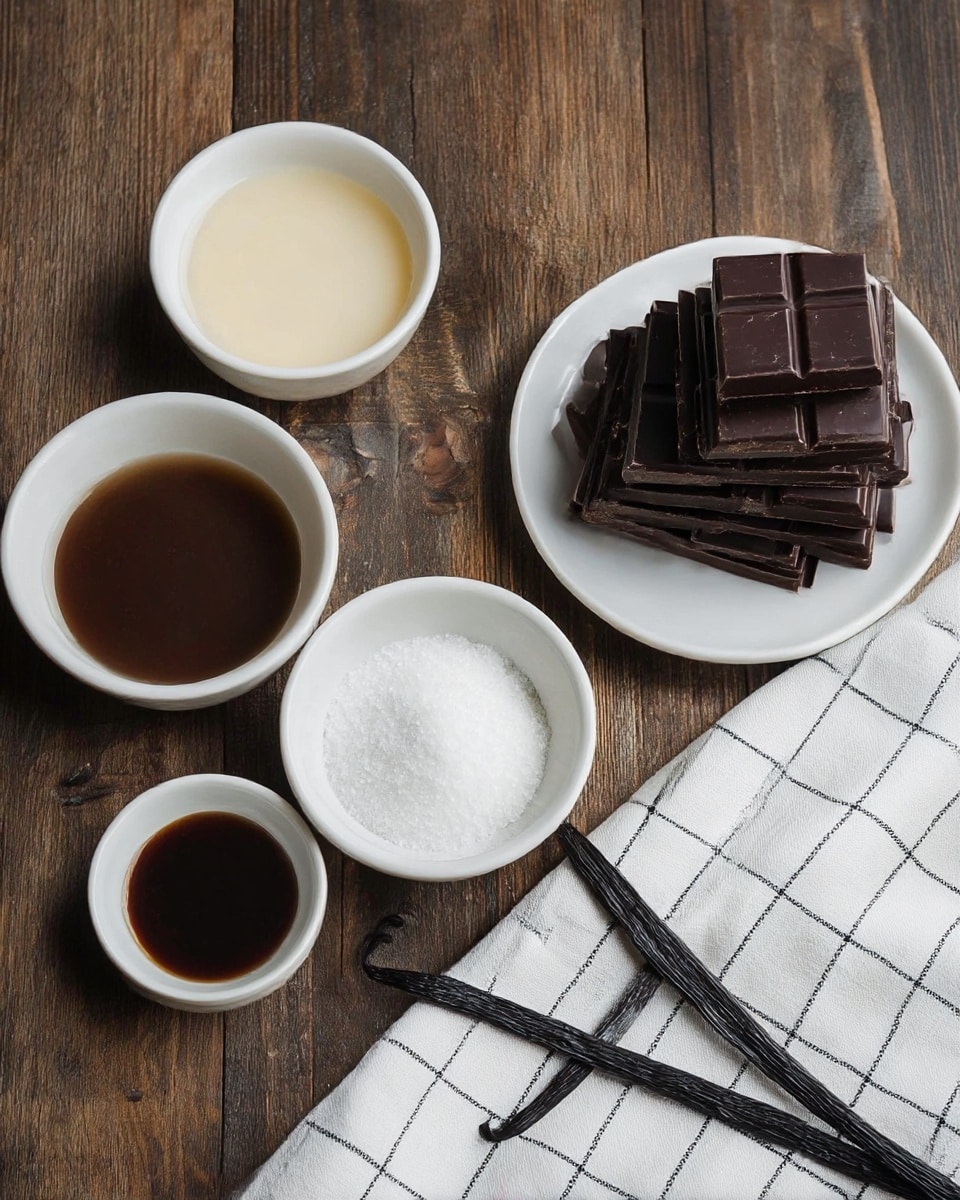 The image shows five small white bowls arranged on a wooden surface, each holding different ingredients: one bowl with a creamy light beige liquid, one with dark brown liquid, one with white granulated sugar, one with fine white salt, and a white plate with broken pieces of dark chocolate stacked in layers. To the right, there are two long black vanilla pods lying diagonally on a white cloth with black grid lines. The whole scene is set on a rustic wooden table. photo taken with an iphone --ar 4:5 --v 7