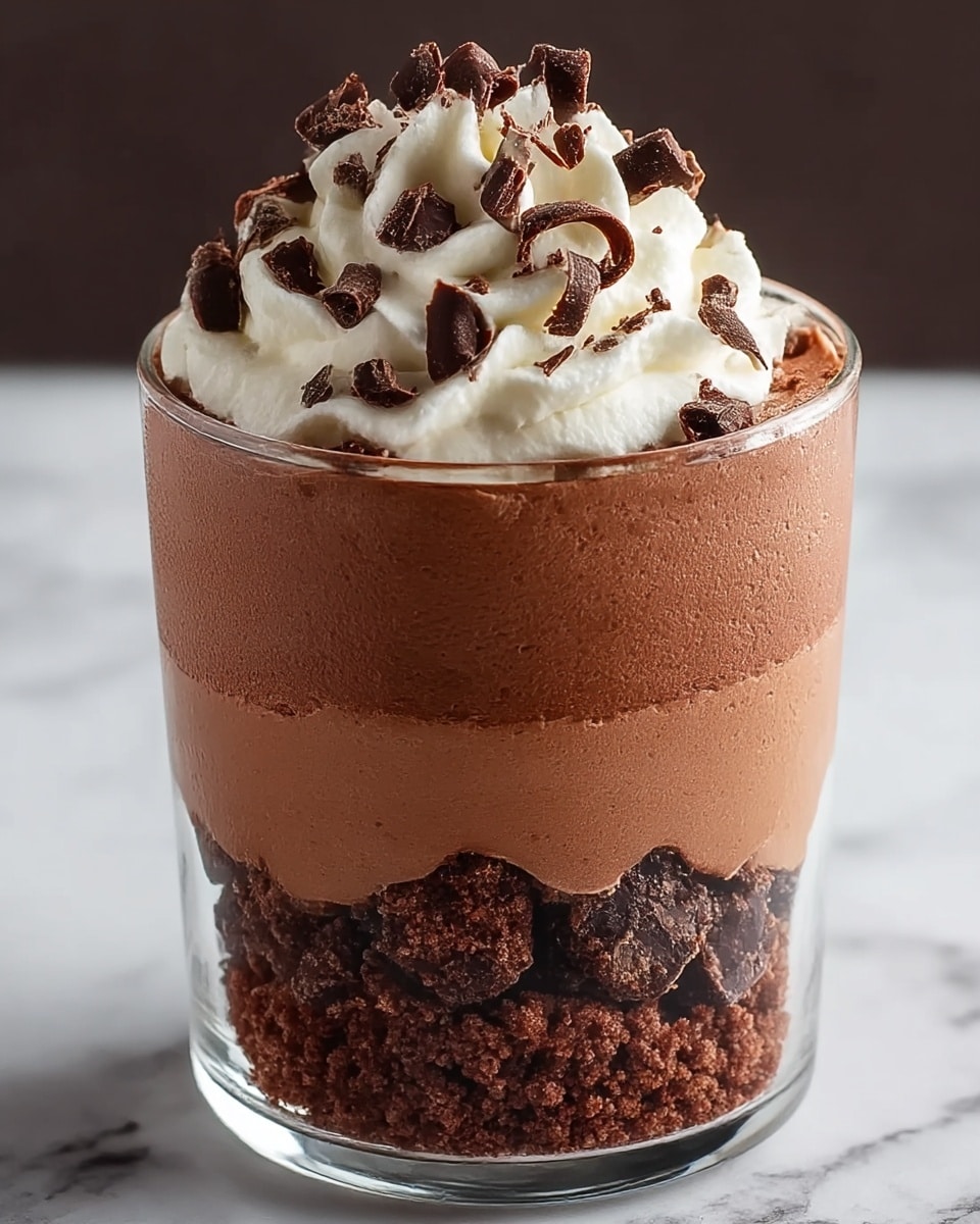 A clear glass holds a layered chocolate dessert sitting on a white marbled surface. At the bottom, there is a layer of crumbly dark chocolate pieces. Above it is a thick, smooth chocolate mousse layer, which is followed by another layer of the crumbly chocolate pieces in the middle of the glass. On top of this is another thick chocolate mousse layer, filling up to near the rim. The dessert is finished with soft, white whipped cream swirled on top, decorated with dark chocolate curls and small chocolate shavings scattered over the cream. Photo taken with an iphone --ar 4:5 --v 7
