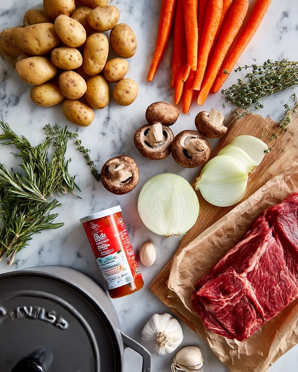 The image shows a collection of fresh cooking ingredients arranged on a white marbled surface. There is a cluster of small light brown potatoes in the top left, next to a bunch of bright orange carrot pieces placed in the center left. Fresh green herbs, including rosemary and thyme, lie near the bottom left. In the center, a wooden cutting board holds several whole brown mushrooms with visible caps, a few sliced white onion wedges, and a tube of red tomato paste with white and red packaging. Near the center bottom is a whole head of garlic with individual cloves scattered nearby. In the bottom right corner, a large raw piece of red meat with white fat veins rests partially wrapped in brown paper. A dark grey pot with the word