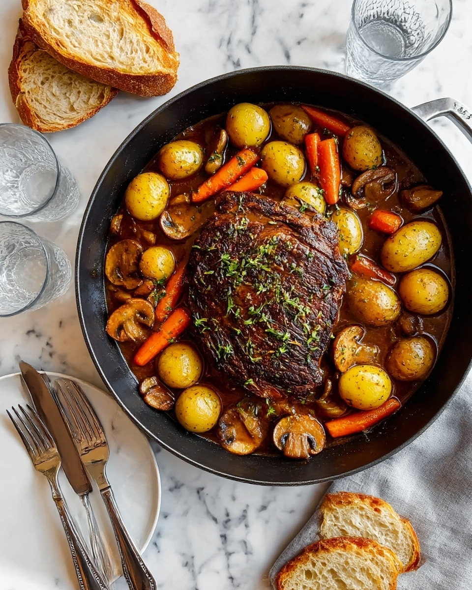 A dark roasted piece of meat sits in the middle of a black round pan, surrounded by whole small yellow potatoes, thick carrot sticks, and sliced brown mushrooms all cooked in a rich brown sauce. The whole dish is garnished with fresh green herbs scattered on top. The pan is on a white marbled surface, next to torn pieces of light brown crusty bread, two empty clear drinking glasses, and a white plate with silver forks and a knife beside it. The photo taken with an iphone --ar 4:5 --v 7