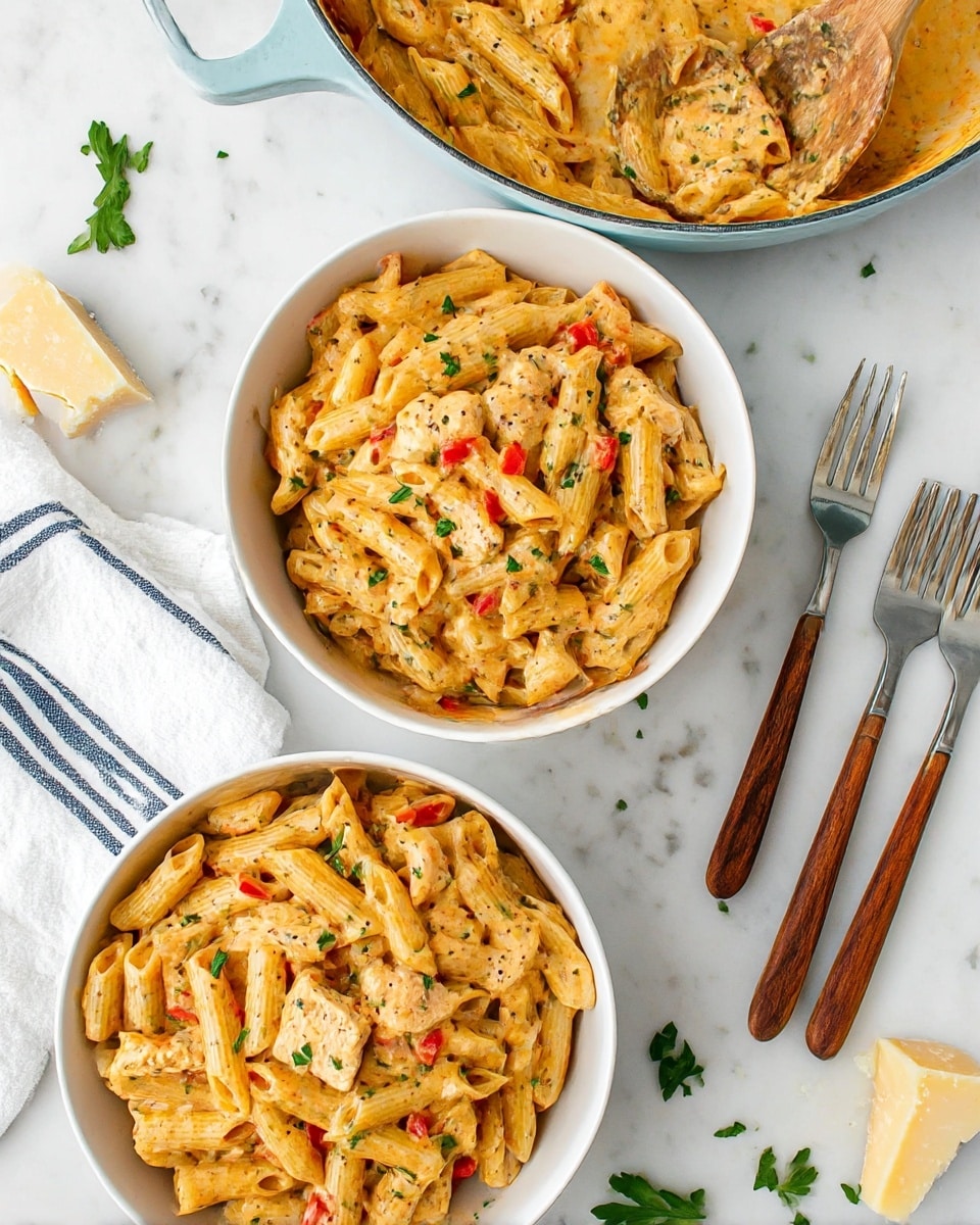 The image shows creamy penne pasta with pieces of light beige chicken and small red bell pepper bits mixed throughout. The pasta is coated in a creamy orange-beige sauce with visible black pepper specks and green parsley sprinkled on top. Two white round bowls filled with this pasta sit on a white marbled surface next to a light blue pan holding more pasta and a wooden spoon. Nearby are three forks with wooden handles resting on a white cloth with thin navy stripes. Small chunks of pale yellow cheese and scattered parsley leaves are also present. Photo taken with an iphone --ar 4:5 --v 7