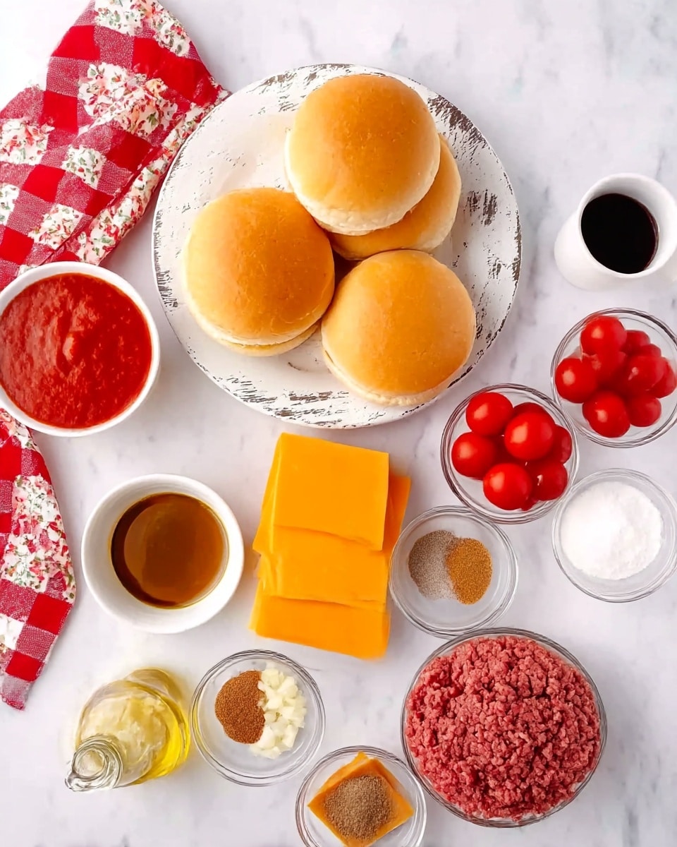 The image shows a white marbled surface with several food ingredients spread out neatly. There are five soft golden-brown sandwich buns, four stacked on a white plate with a distressed paint design and one placed above it. To the left, a white bowl holds a smooth, red tomato sauce. A small glass jar of olive oil sits near the center, surrounded by a white bowl filled with bright red grape tomatoes and a stack of orange-yellow square cheese slices on a white surface. At the bottom right, a clear bowl contains raw ground beef. Several small clear bowls hold finely chopped garlic, red ketchup, a light powder spice, and a brown powdered spice, all arranged around the main items. A white cup of dark liquid and a white cup of white powder are also visible. A red and white checkered cloth with floral edges is partially visible on the left. photo taken with an iphone --ar 4:5 --v 7
