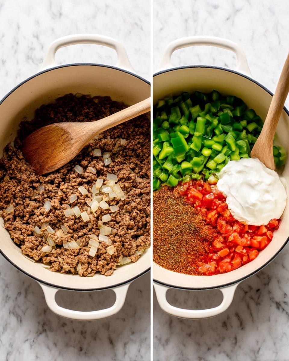 Two side-by-side images show the inside of a white pot on a white marbled surface. The first image has a single layer of cooked ground beef mixed with small pieces of translucent cooked onions, with a wooden spoon resting in the pot. The second image shows the same base layer of beef and onions, now topped with three more layers: bright green chopped bell peppers on the top left, a dollop of smooth white sour cream below the peppers, a heap of reddish-brown seasoning in the center, and chopped red tomatoes on the right. The wooden spoon remains inside the pot. Photo taken with an iphone --ar 4:5 --v 7