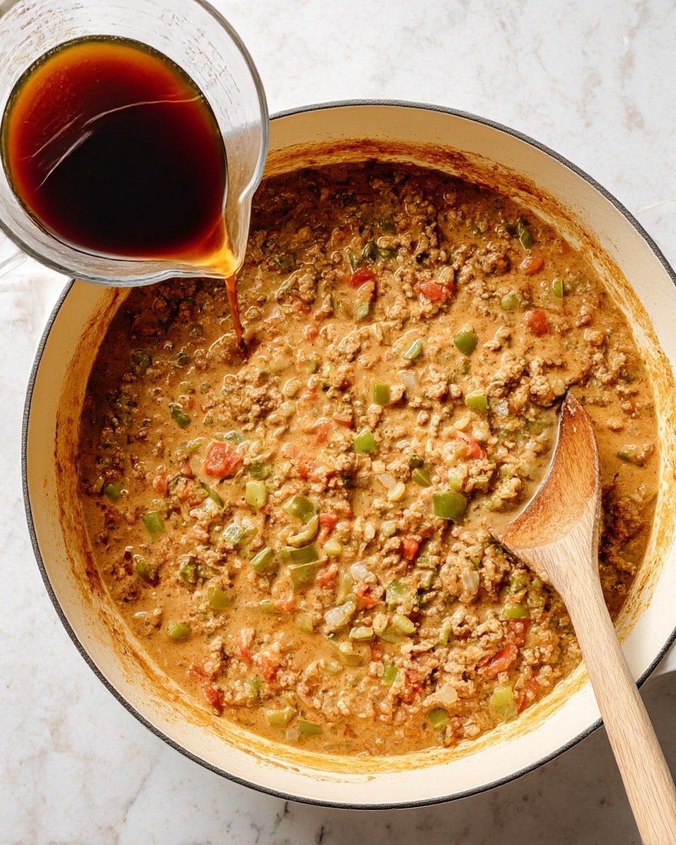 A large white cooking pot filled with a thick mix of ground meat, diced green bell peppers, chopped tomatoes, and onions in a creamy light brown sauce. The mixture has a chunky texture with visible pieces of vegetables and meat evenly spread throughout. A wooden spoon with sauce stains rests inside the pot to the right side. In the bottom left corner, a clear container with dark brown liquid is being poured gently into the pot. The pot sits on a white marbled surface. photo taken with an iphone --ar 4:5 --v 7