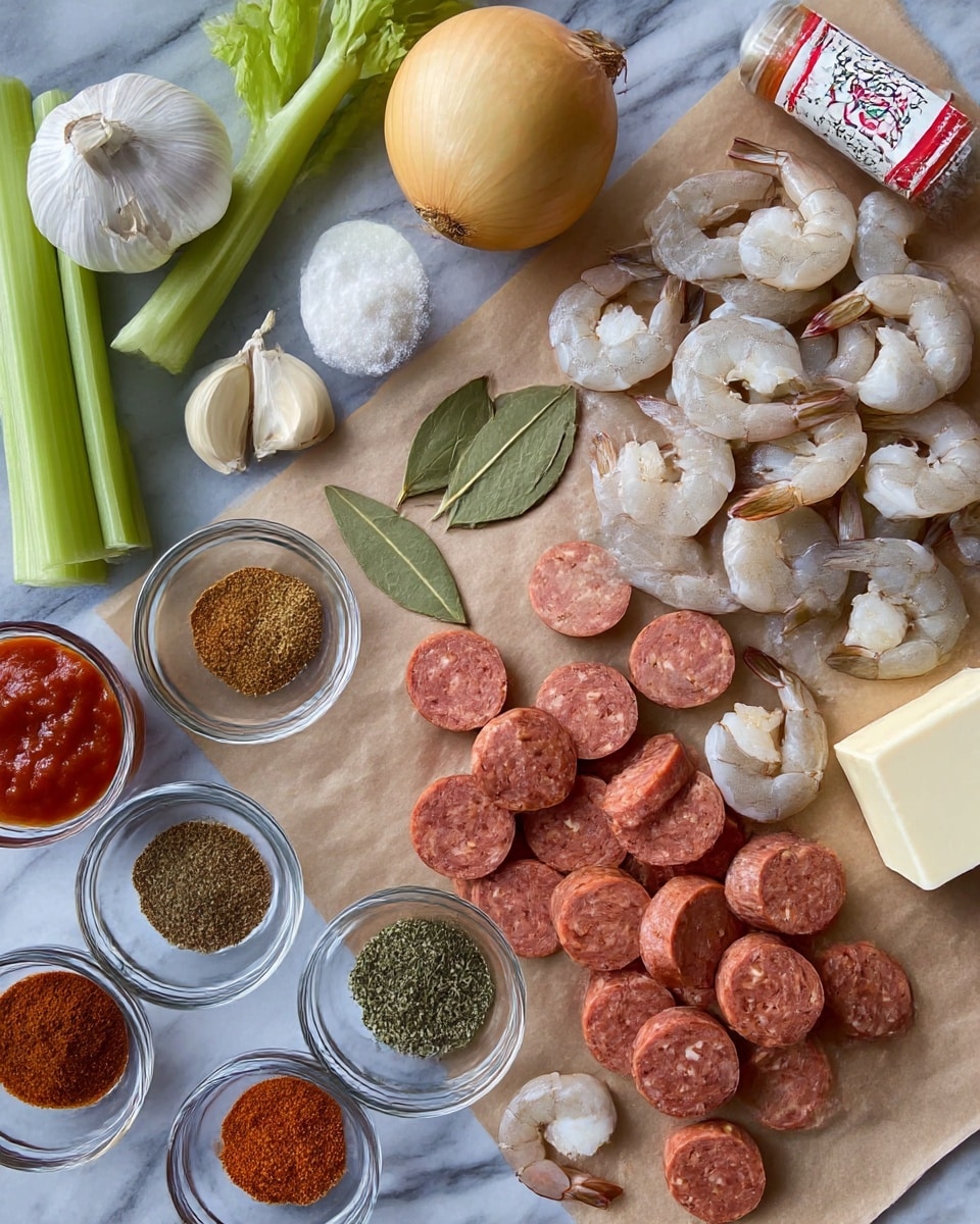 The image shows many fresh ingredients laid out on a light brown paper over a white marbled surface. On the right side is a pile of raw shrimp with light pink and white color and brown tails. Below the shrimp is a pile of round sliced sausage with a reddish-brown color and bits of white fat inside. Near the sausages are two onions, one light yellow and one light brown. To the left are several celery sticks with a light green color. There is a clove of garlic and a whole white garlic bulb on the left side. Scattered in small clear glass bowls are minced garlic, bay leaves, green dried herbs, a brown spice powder, a green spice powder, and red tomato sauce with small bits of tomato. A stick of butter with a red and white wrapper is also placed near the celery. The background is white marble, and the photo looks clear and bright, taken with an iphone --ar 4:5 --v 7