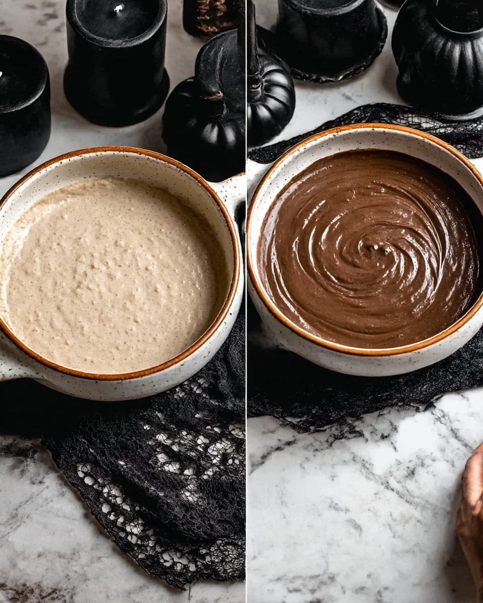 A white speckled bowl with a brown rim holds a creamy mixture that fills it, light beige in color with a smooth but slightly grainy texture, resting on a dark cloth with a lace pattern over a white marbled surface; next to it is the same bowl filled with a thick, smooth chocolate brown mixture with gentle swirls on top, both bowls surrounded by black decorative objects and black candles, a woman's hand visible near the bowl handles; photo taken with an iphone --ar 4:5 --v 7