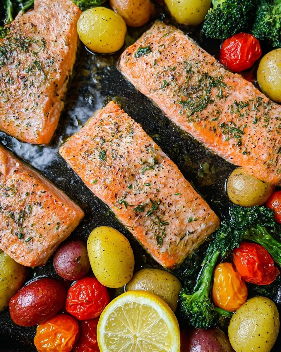 The image shows four pieces of cooked salmon fillets with a light orange color, seasoned with black pepper and herbs, resting on a dark pan. Around the salmon, there are small round potatoes in light yellow and red shades, some steamed green broccoli, and bright red and orange cherry tomatoes that look roasted. A lemon sliced in half is placed at the bottom, adding a fresh yellow brightness to the picture. The ingredients are shiny with cooking oil, giving a juicy and tasty appearance. The background is a white marbled texture. photo taken with an iphone --ar 4:5 --v 7