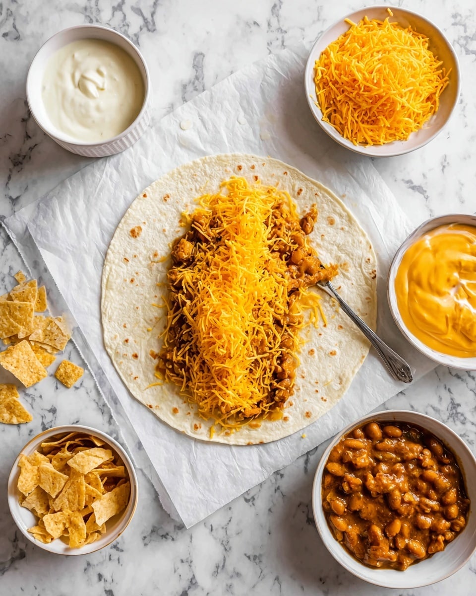 The image shows a white tortilla placed on white baking paper on a white marbled surface with a silver spoon resting in the center of the tortilla, spreading yellow-orange shredded cheese, which is the first layer. Surrounding the tortilla are four small white bowls: one filled with creamy white sauce, one with orange melted cheese sauce, one with brown cooked beans or chili, and another with the same yellow-orange shredded cheese. There are also small crunchy chips in the corner on the white marbled surface. The next part of the image shows the tortilla now layered with brown cooked beans topped with melted orange cheese sauce. Photo taken with an iphone --ar 4:5 --v 7